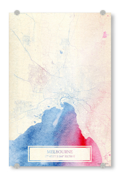 Acrylglasbild "Melbourne Australien Map Rose And Serenity I" artboxONE - Städte,Reise,Kartografie - Städte,Stadtkarte,Wasserfarbe,Rosequartz