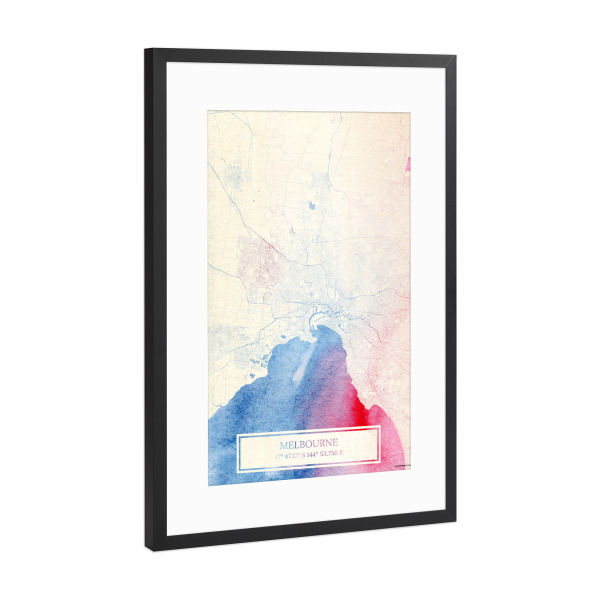Poster mit Rahmen Schwarz (Metallic) "Melbourne Australien Map Rose And Serenity I" artboxONE - Städte,Reise,Kartografie