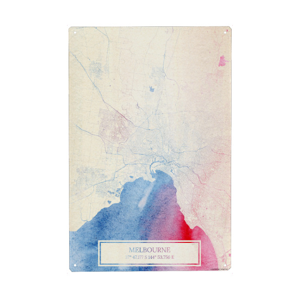 Holzbild "Melbourne Australien Map Rose And Serenity I" artboxONE - Städte,Reise,Kartografie - Städte,Stadtkarte,Wasserfarbe,Rosequartz
