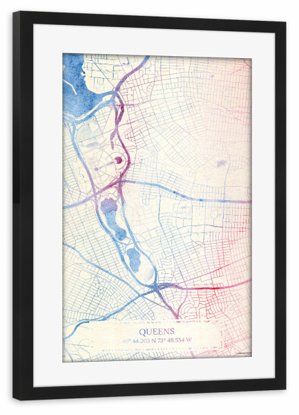 Poster mit Rahmen schwarz "Queens USA Map Rose And Serenity II" artboxONE - Städte,Reise,Kartografie - Städting,Stadtkarte,Wasserfarbe,Rosequartz