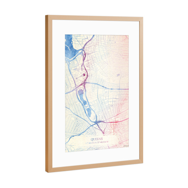 Poster mit Rahmen Kupfer "Queens USA Map Rose And Serenity II" artboxONE - Städte,Reise,Kartografie - Städting,Stadtkarte,Wasserfarbe,Rosequartz