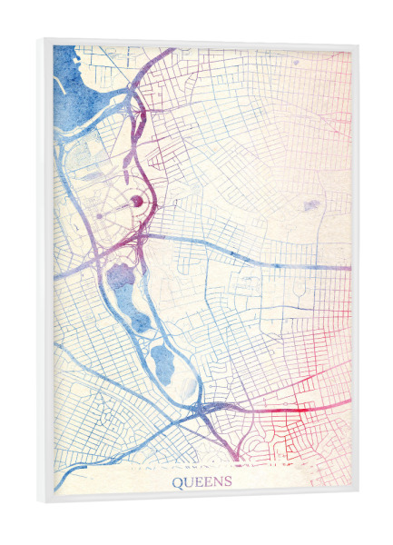 Poster mit weißem Rahmen "Queens USA Map Rose And Serenity II" artboxONE - Städte,Reise,Kartografie - Städting,Stadtkarte,Wasserfarbe,Rosequartz