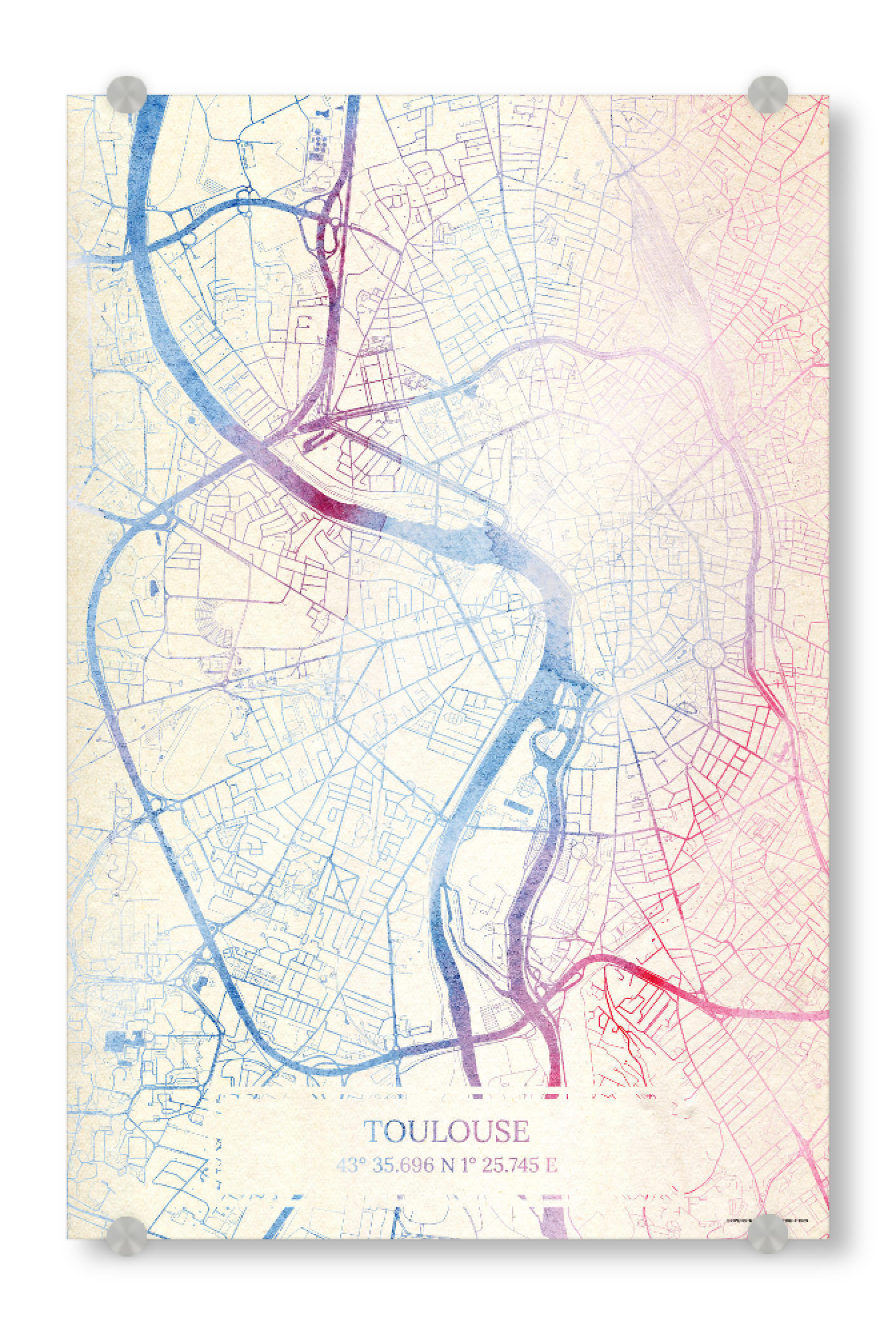 Acrylglasbild "Toulouse Frankreich Map Rose And Serenity II" artboxONE - Städte,Reise,Kartografie - Städte,Stadtkarte,Wasserfarbe,Rosequartz