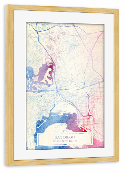 Poster mit Rahmen kiefer "San-Diego USA Map Rose And Serenity II" artboxONE - Städte,Reise,Kartografie - Städting,Stadtkarte,Wasserfarbe,Rosequartz