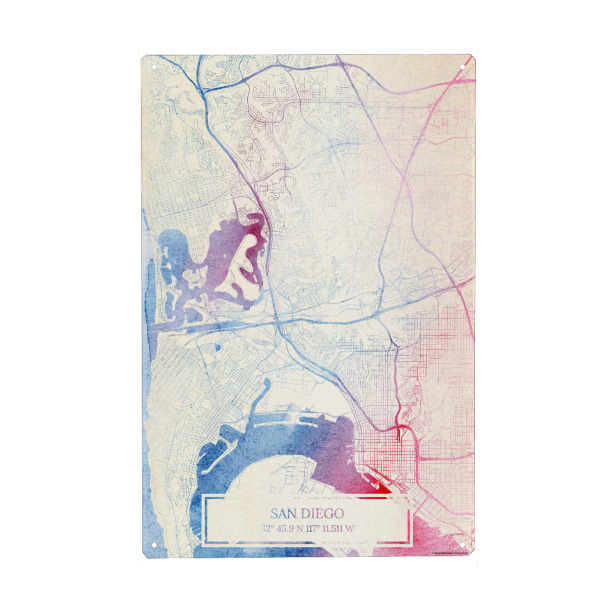 Holzbild "San-Diego USA Map Rose And Serenity II" artboxONE - Städte,Reise,Kartografie - Städting,Stadtkarte,Wasserfarbe,Rosequartz