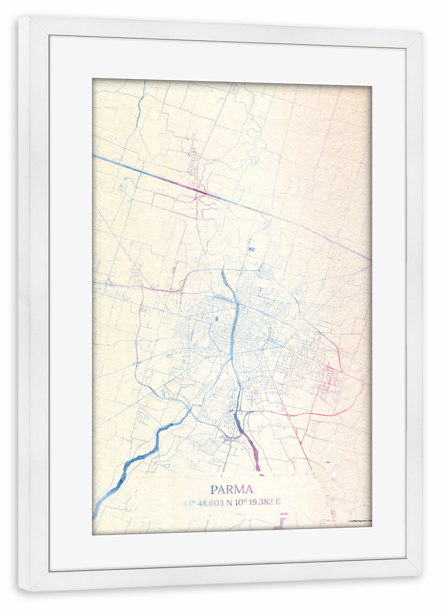 Poster mit Rahmen weiß "Parma Italien Map Rose And Serenity I" artboxONE - Städte,Reise,Kartografie - Städte,Stadtkarte,Wasserfarbe,Rosequartz
