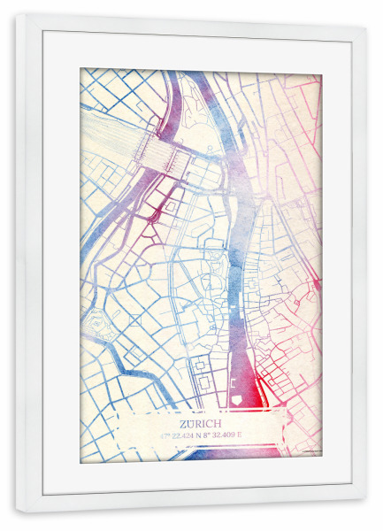 Poster mit Rahmen weiß "Zürich Schweiz Map Rose And Serenity I" artboxONE - Städte,Reise,Kartografie - Städte,Stadtkarte,Wasserfarbe,Rosequartz