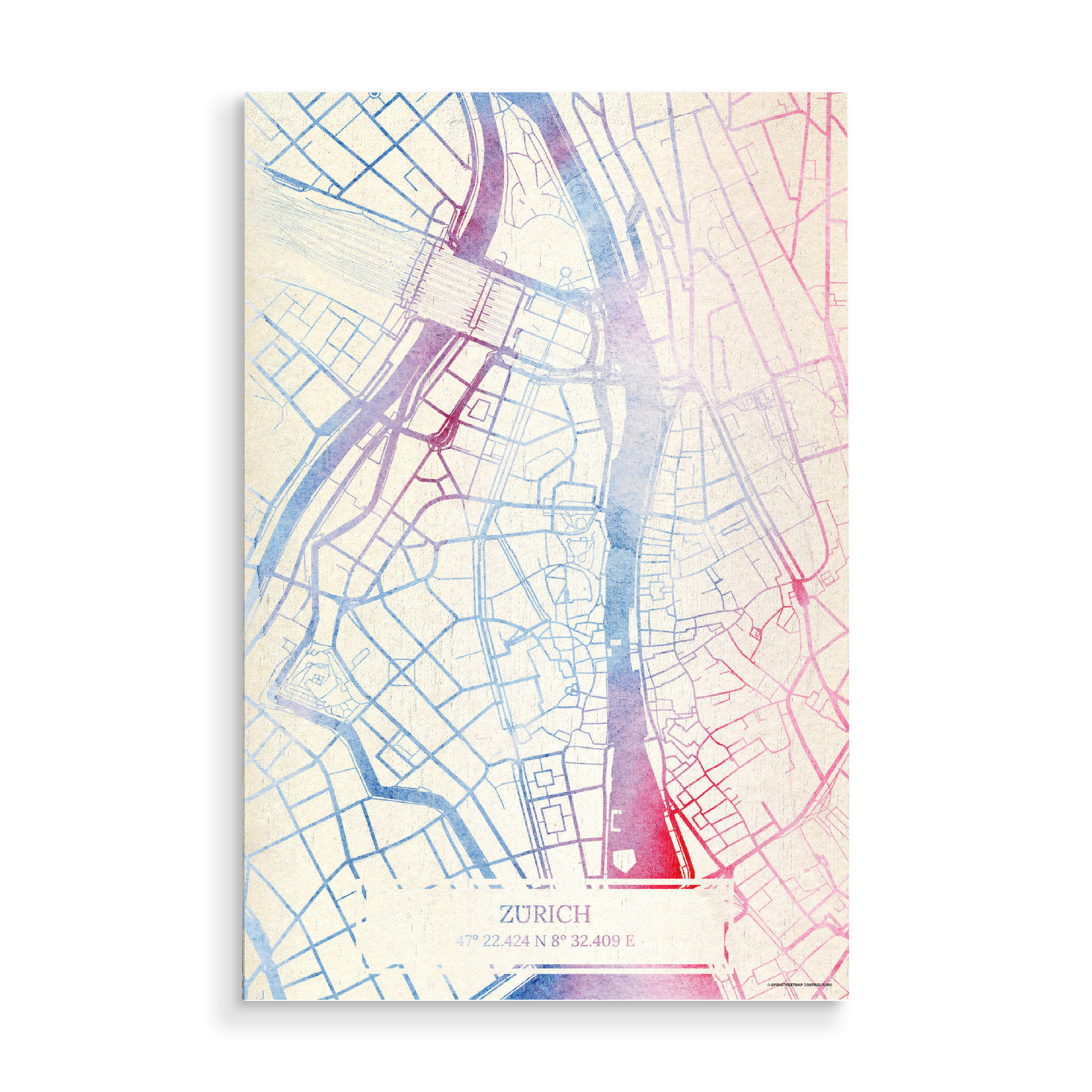 Holzbild "Zürich Schweiz Map Rose And Serenity I" artboxONE - Städte,Reise,Kartografie - Städte,Stadtkarte,Wasserfarbe,Rosequartz
