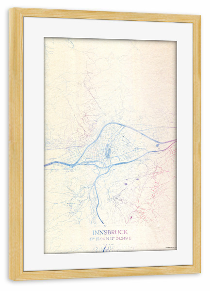 Poster mit Rahmen kiefer "Innsbruck Österreich Map Rose And Serenity II" artboxONE - Städte,Reise,Kartografie