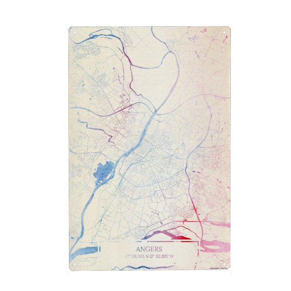 Metall Poster "Angers Frankreich Map Rose And Serenity II" artboxONE - Städte,Reise,Kartografie - Städte,Stadtkarte,Wasserfarbe,Rosequartz