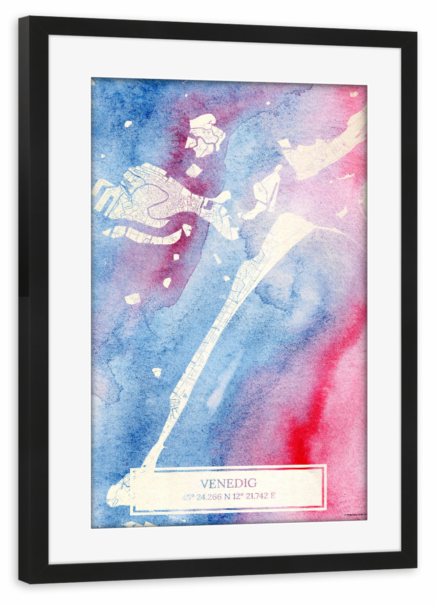 Poster mit Rahmen schwarz "Venedig Italien Map Rose And Serenity I" artboxONE - Städte,Reise,Kartografie - Städte,Stadtkarte,Wasserfarbe,Rosequartz