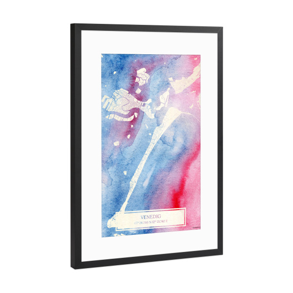 Poster mit Rahmen Schwarz (Metallic) "Venedig Italien Map Rose And Serenity I" artboxONE - Städte,Reise,Kartografie