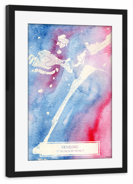 Poster mit Rahmen schwarz "Venedig Italien Map Rose And Serenity I" artboxONE - Städte,Reise,Kartografie - Städte,Stadtkarte,Wasserfarbe,Rosequartz