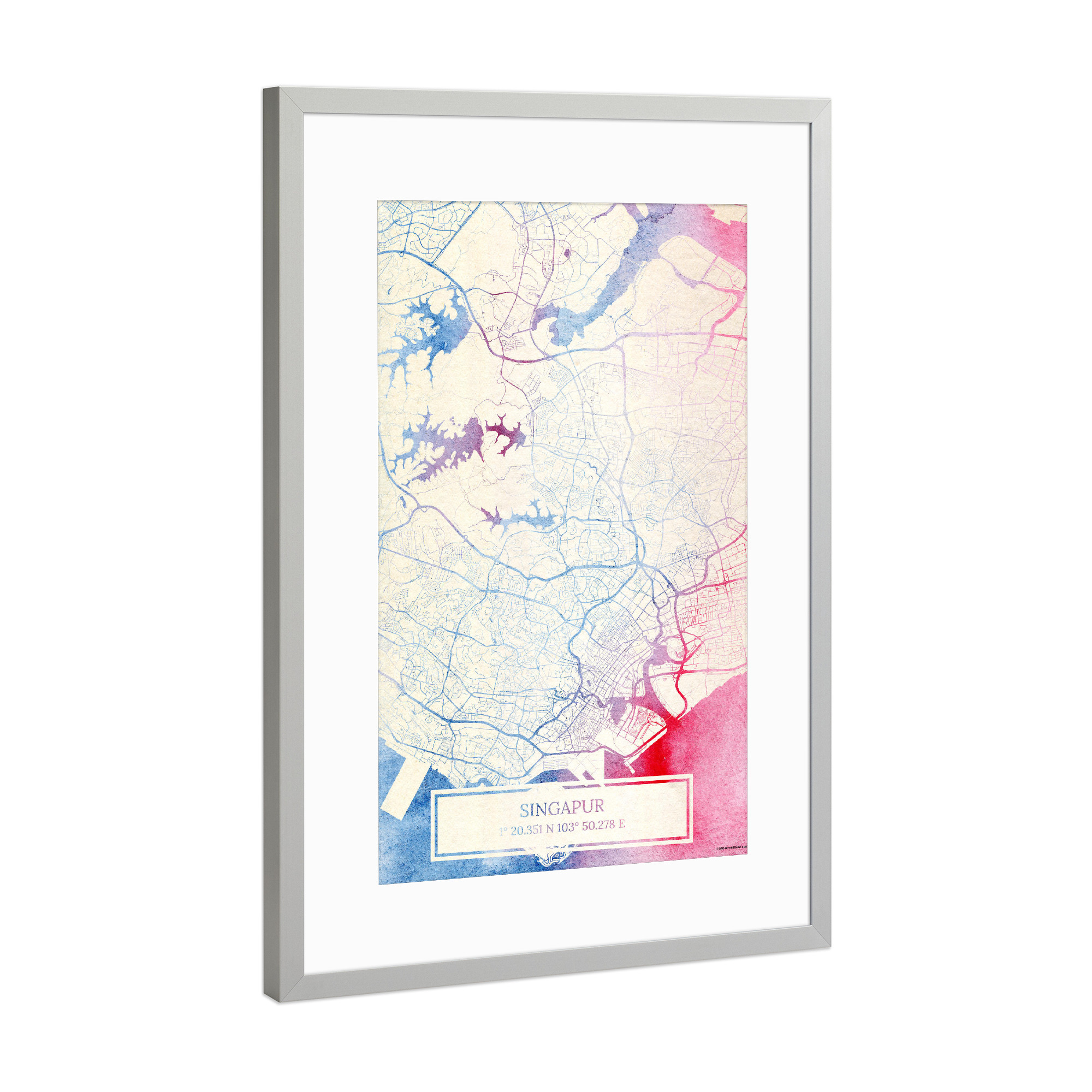 Poster mit Rahmen Silber "Singapur Map Rose And Serenity II" artboxONE - Städte,Reise,Kartografie - Städte,Stadtkarte,Wasserfarbe,Rosequartz