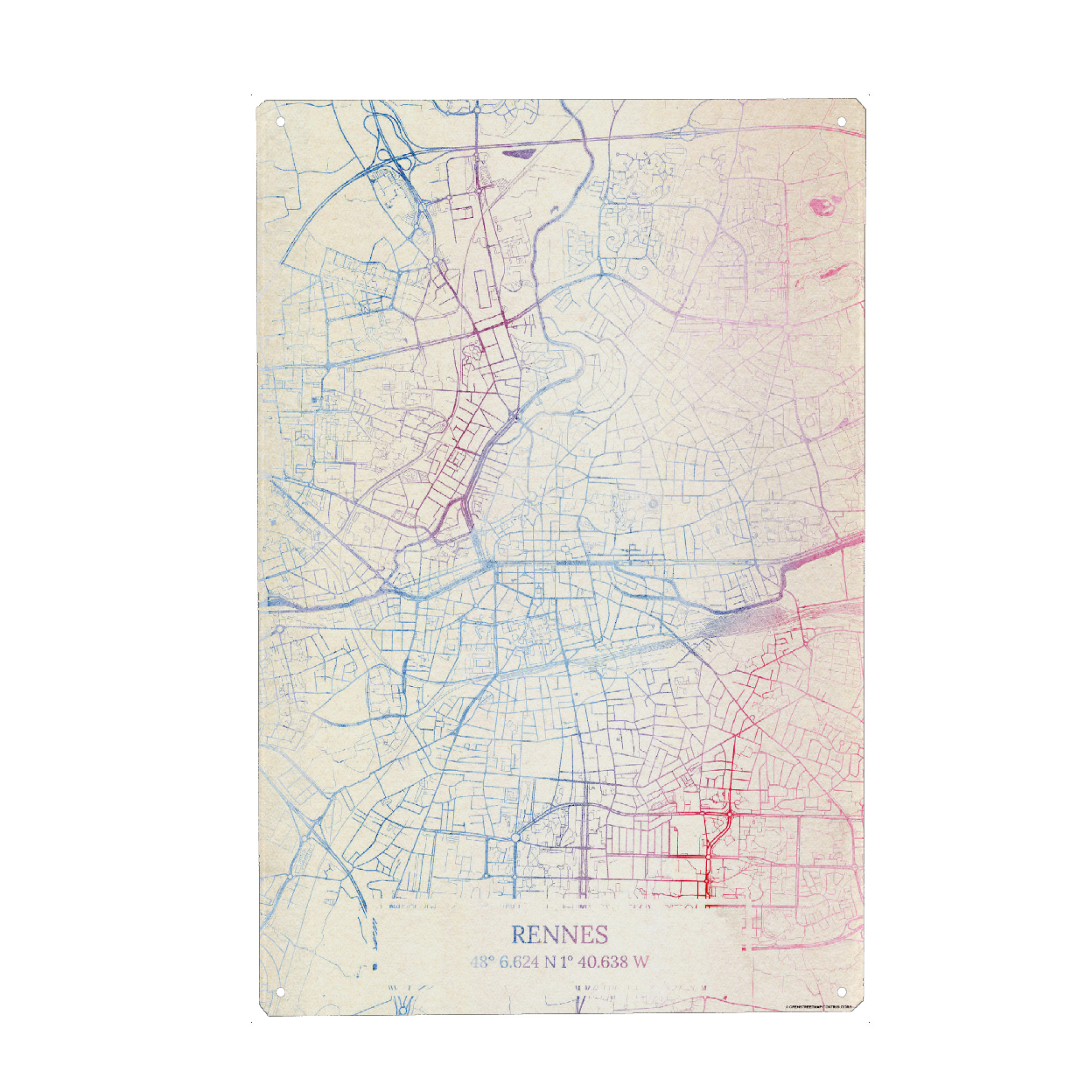 Metall Poster "Rennes Frankreich Map Rose And Serenity I" artboxONE - Städte,Reise,Kartografie - Städte,Stadtkarte,Wasserfarbe,Rosequartz