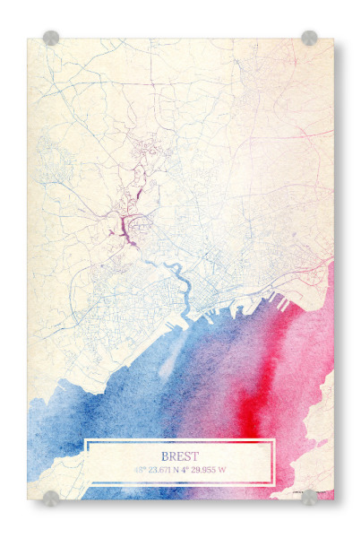 Acrylglasbild "Brest Frankreich Map Rose And Serenity I" artboxONE - Städte,Reise,Kartografie - Städte,Stadtkarte,Wasserfarbe,Rosequartz