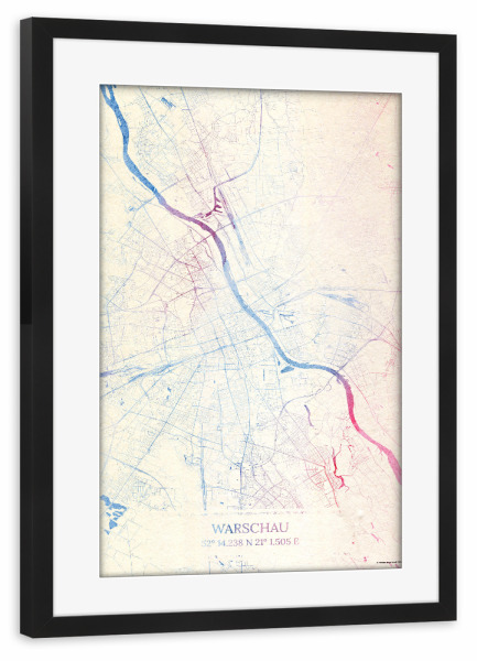 Poster mit Rahmen schwarz "Warschau Polen Map Rose And Serenity I" artboxONE - Städte,Reise,Kartografie - Städte,Stadtkarte,Wasserfarbe,Rosequartz