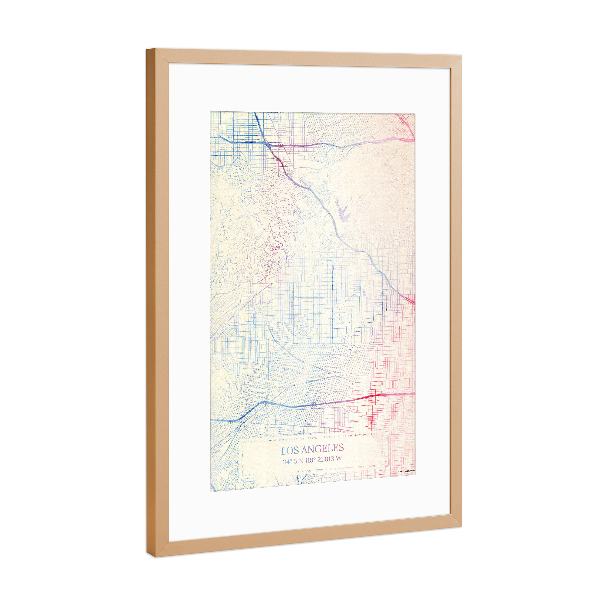 Poster mit Rahmen Kupfer "Los-Angeles USA Map Rose And Serenity II" artboxONE - Städte,Reise,Kartografie - Städting,Stadtkarte,Wasserfarbe,Rosequartz