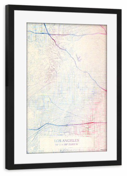 Poster mit Rahmen schwarz "Los-Angeles USA Map Rose And Serenity II" artboxONE - Städte,Reise,Kartografie - Städting,Stadtkarte,Wasserfarbe,Rosequartz