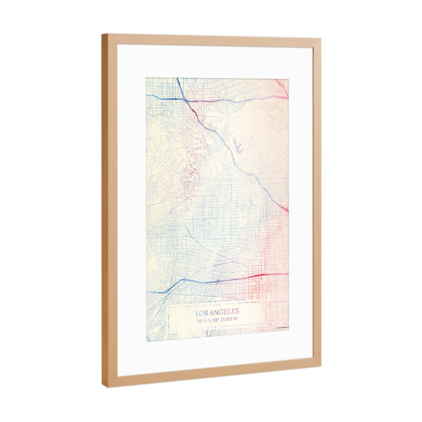 Poster mit Rahmen Kupfer "Los-Angeles USA Map Rose And Serenity II" artboxONE - Städte,Reise,Kartografie - Städting,Stadtkarte,Wasserfarbe,Rosequartz