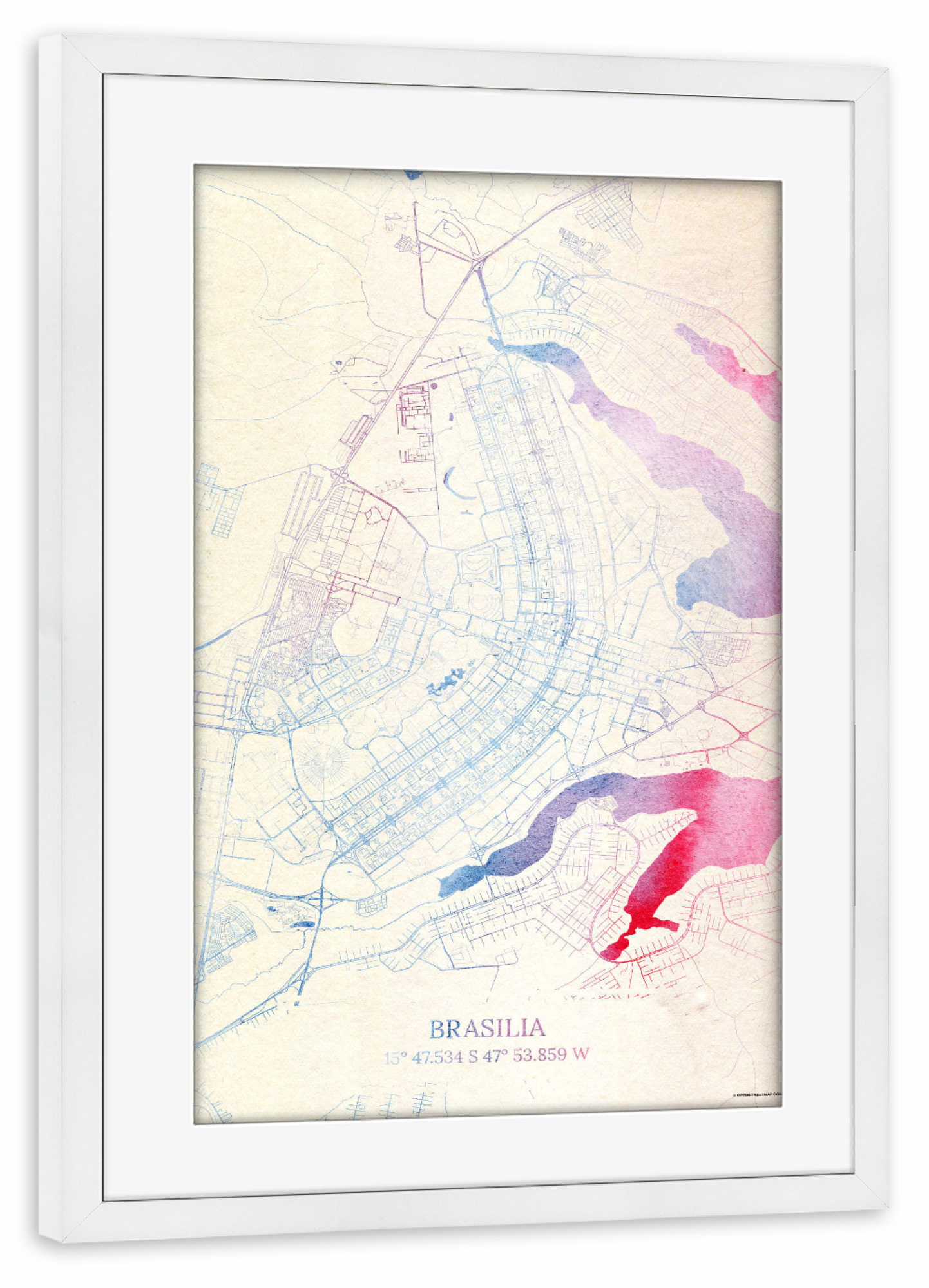 Poster mit Rahmen weiß "Brasilia Brasilien Map Rose And Serenity I" artboxONE - Städte,Reise,Kartografie - Städte,Stadtkarte,Wasserfarbe,Rosequartz