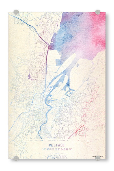 Acrylglasbild "Belfast Nordirland Map Rose And Serenity I" artboxONE - Städte,Reise,Kartografie - Städte,Stadtkarte,Wasserfarbe,Rosequartz