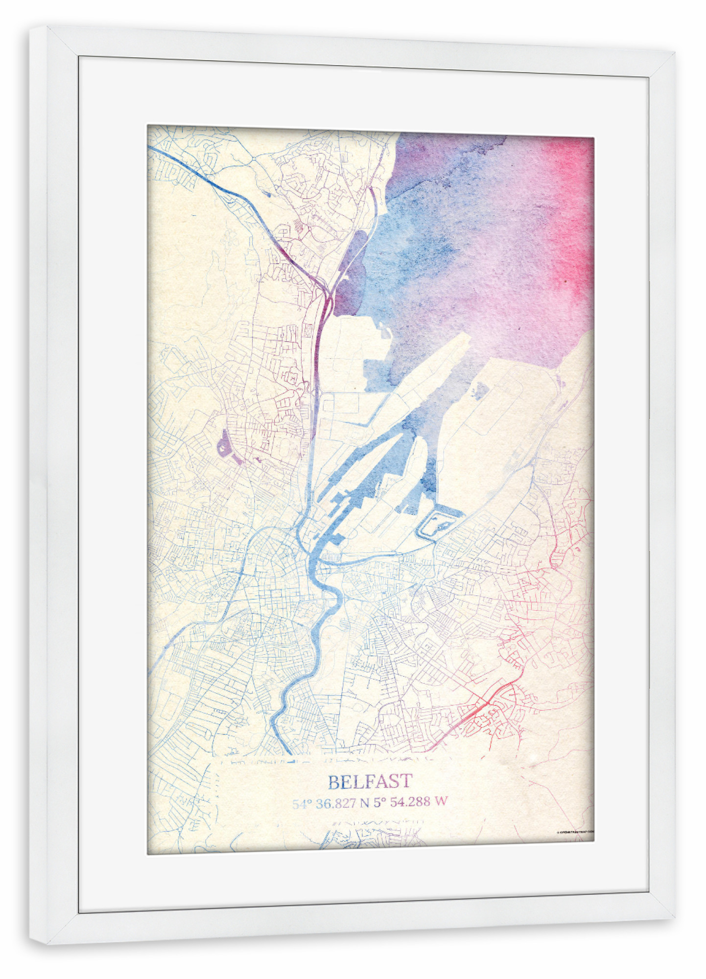 Poster mit Rahmen weiß "Belfast Nordirland Map Rose And Serenity I" artboxONE - Städte,Reise,Kartografie - Städte,Stadtkarte,Wasserfarbe,Rosequartz