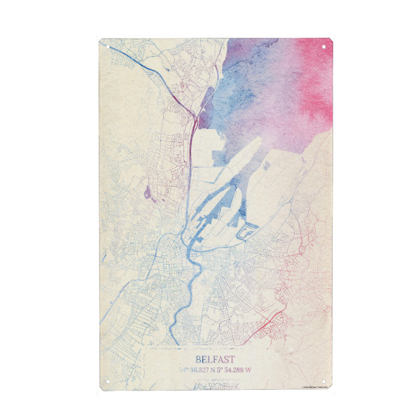 Metall Poster "Belfast Nordirland Map Rose And Serenity I" artboxONE - Städte,Reise,Kartografie - Städte,Stadtkarte,Wasserfarbe,Rosequartz