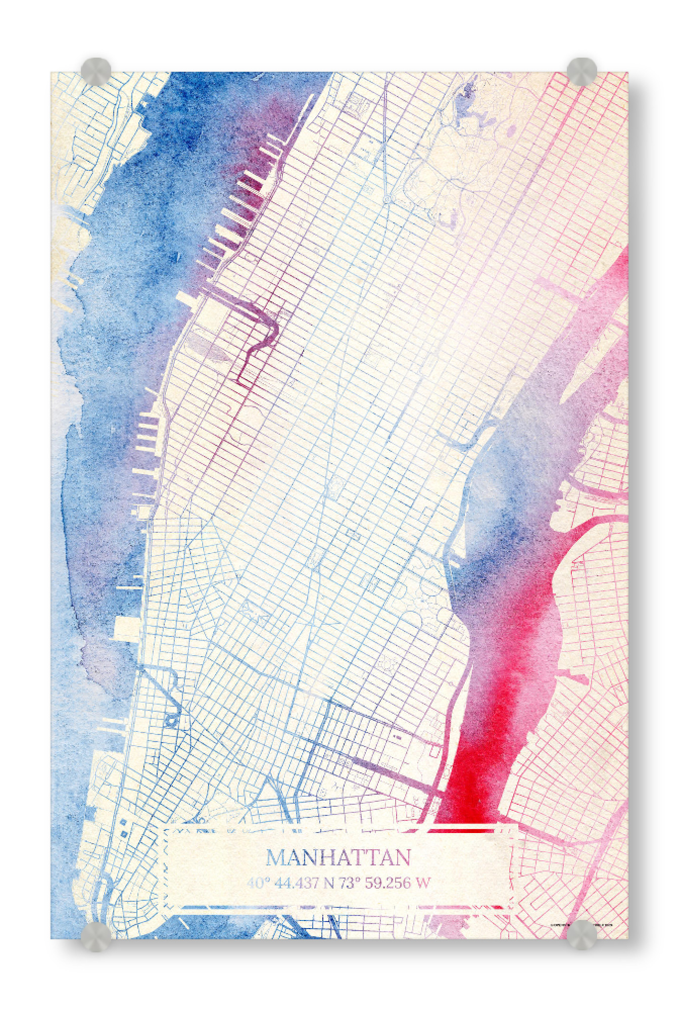 Acrylglasbild "Manhattan USA Map Rose And Serenity I" artboxONE - Städte,Reise,Kartografie - Städte,Stadtkarte,Wasserfarbe,Rosequartz