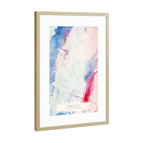 Poster mit Rahmen Gold "Manhattan USA Map Rose And Serenity I" artboxONE - Städte,Reise,Kartografie - Städte,Stadtkarte,Wasserfarbe,Rosequartz