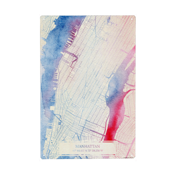 Metall Poster "Manhattan USA Map Rose And Serenity I" artboxONE - Städte,Reise,Kartografie - Städte,Stadtkarte,Wasserfarbe,Rosequartz - Blechschild