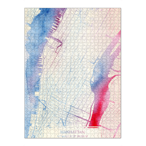 Puzzle Ravensburger "Manhattan USA Map Rose And Serenity I" artboxONE - Städte,Reise,Kartografie - Städte,Stadtkarte,Wasserfarbe,Rosequartz