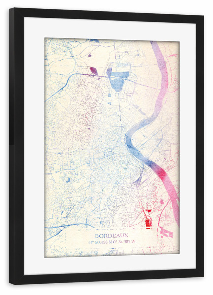 Poster mit Rahmen schwarz "Bordeaux Frankreich Map Rose And Serenity II" artboxONE - Städte,Reise,Kartografie