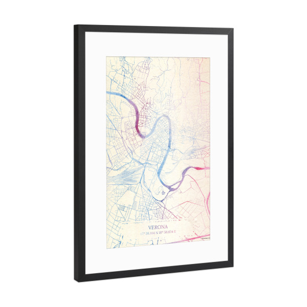 Poster mit Rahmen Schwarz (Metallic) "Verona Italien Map Rose And Serenity II" artboxONE - Städte,Reise,Kartografie