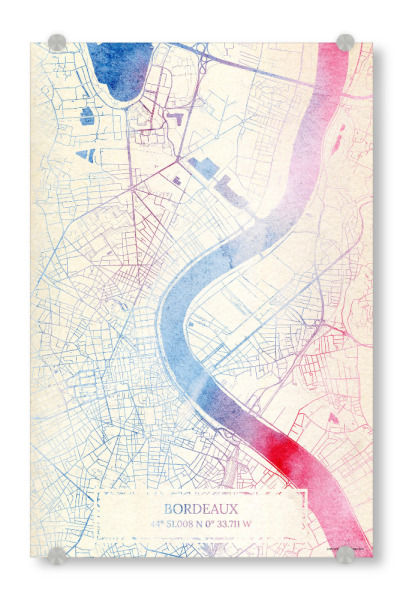 Acrylglasbild "Bordeaux Frankreich Map Rose And Serenity I" artboxONE - Städte,Reise,Kartografie - Städte,Stadtkarte,Wasserfarbe,Rosequartz