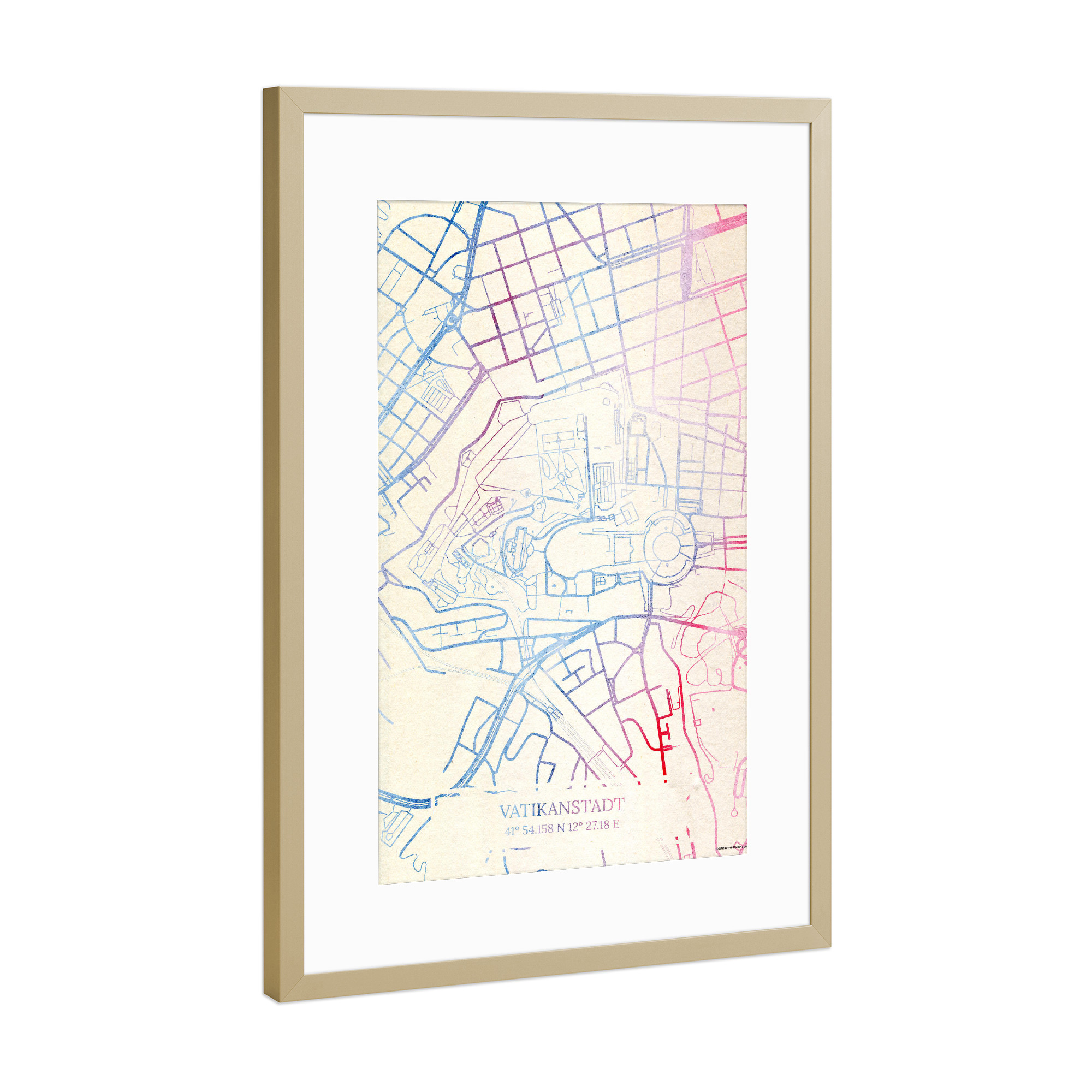 Poster mit Rahmen Gold "Vatikanstadt Map Rose And Serenity I" artboxONE - Städte,Reise,Kartografie - Städte,Stadtkarte,Wasserfarbe,Rosequartz
