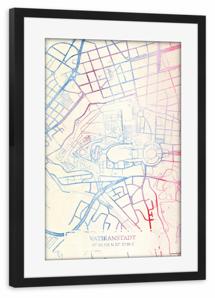 Poster mit Rahmen schwarz "Vatikanstadt Map Rose And Serenity I" artboxONE - Städte,Reise,Kartografie - Städte,Stadtkarte,Wasserfarbe,Rosequartz