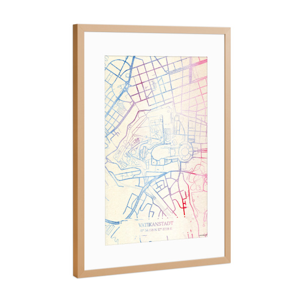 Poster mit Rahmen Kupfer "Vatikanstadt Map Rose And Serenity I" artboxONE - Städte,Reise,Kartografie - Städte,Stadtkarte,Wasserfarbe,Rosequartz