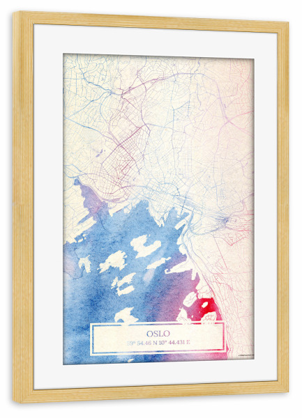 Poster mit Rahmen kiefer "Oslo Norwegen Map Rose And Serenity III" artboxONE - Städte,Reise,Kartografie - Städte,Stadtkarte,Wasserfarbe,Rosequartz