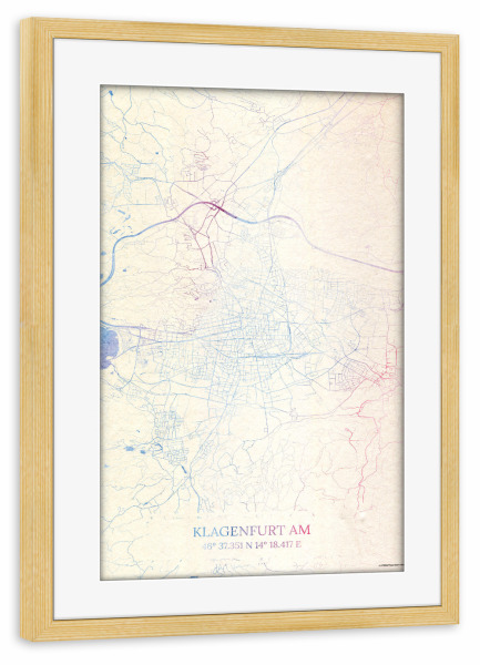 Poster mit Rahmen kiefer "Klagenfurt-am-Wörthersee Österreich Map Rose And Serenity I" artboxONE - Städte,Reise,Kartografie