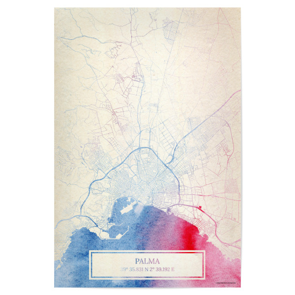 Poster 30x20 cm "Palma Mallorca Map Rose And Serenity I" artboxONE - Städte,Reise,Kartografie - Städte,Stadtkarte,Wasserfarbe,Rosequartz
