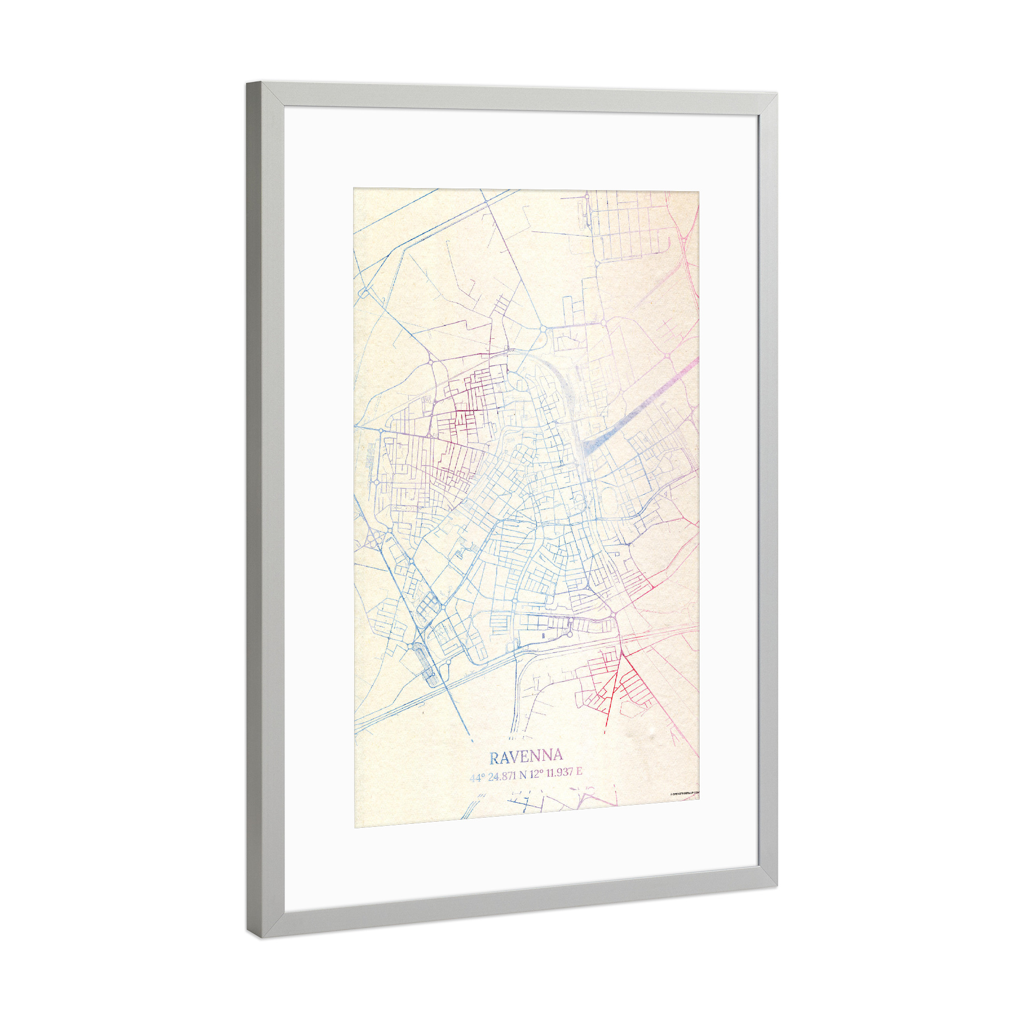 Poster mit Rahmen Silber "Ravenna Italien Map Rose And Serenity II" artboxONE - Städte,Reise,Kartografie - Städte,Stadtkarte,Wasserfarbe,Rosequartz