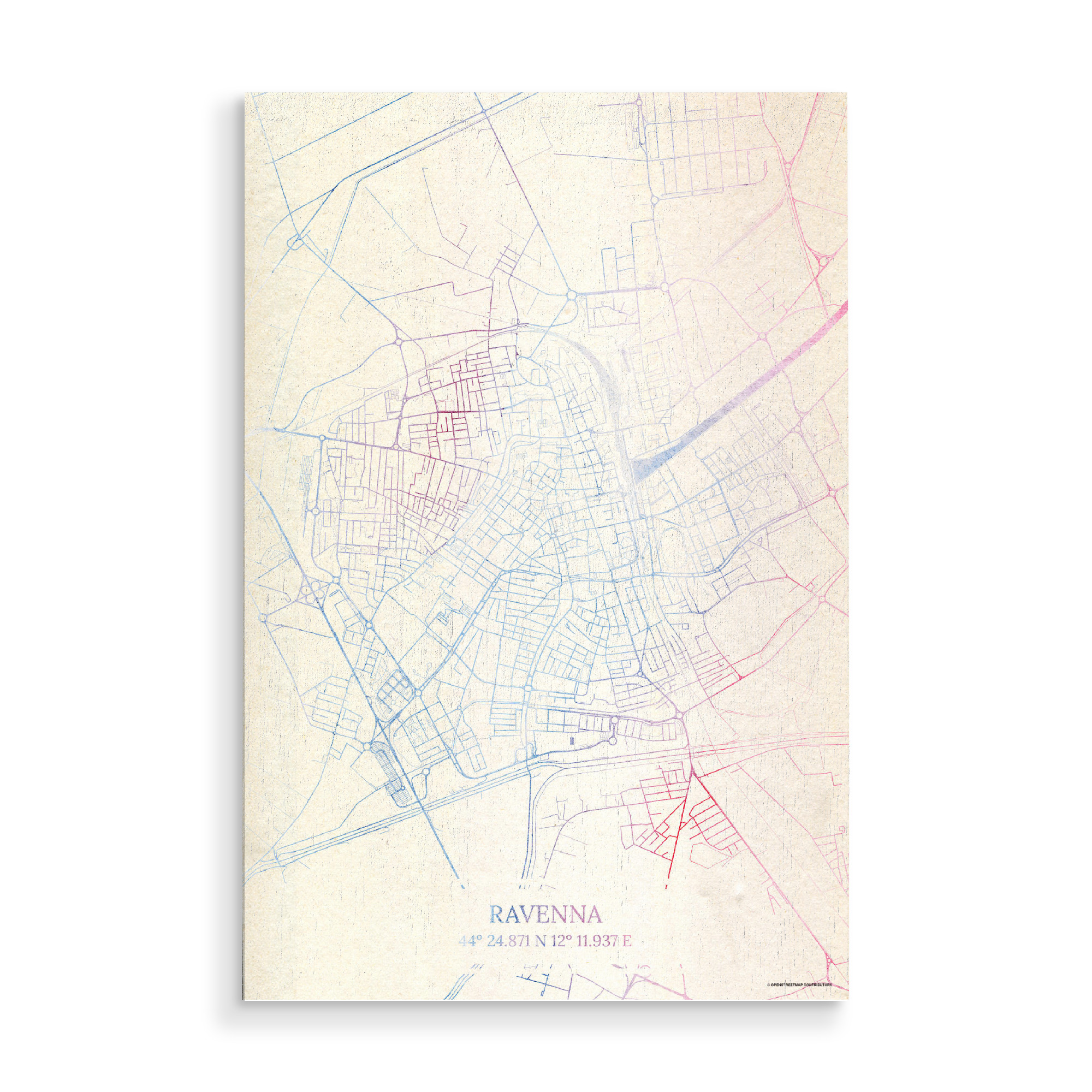 Holzbild "Ravenna Italien Map Rose And Serenity II" artboxONE - Städte,Reise,Kartografie - Städte,Stadtkarte,Wasserfarbe,Rosequartz
