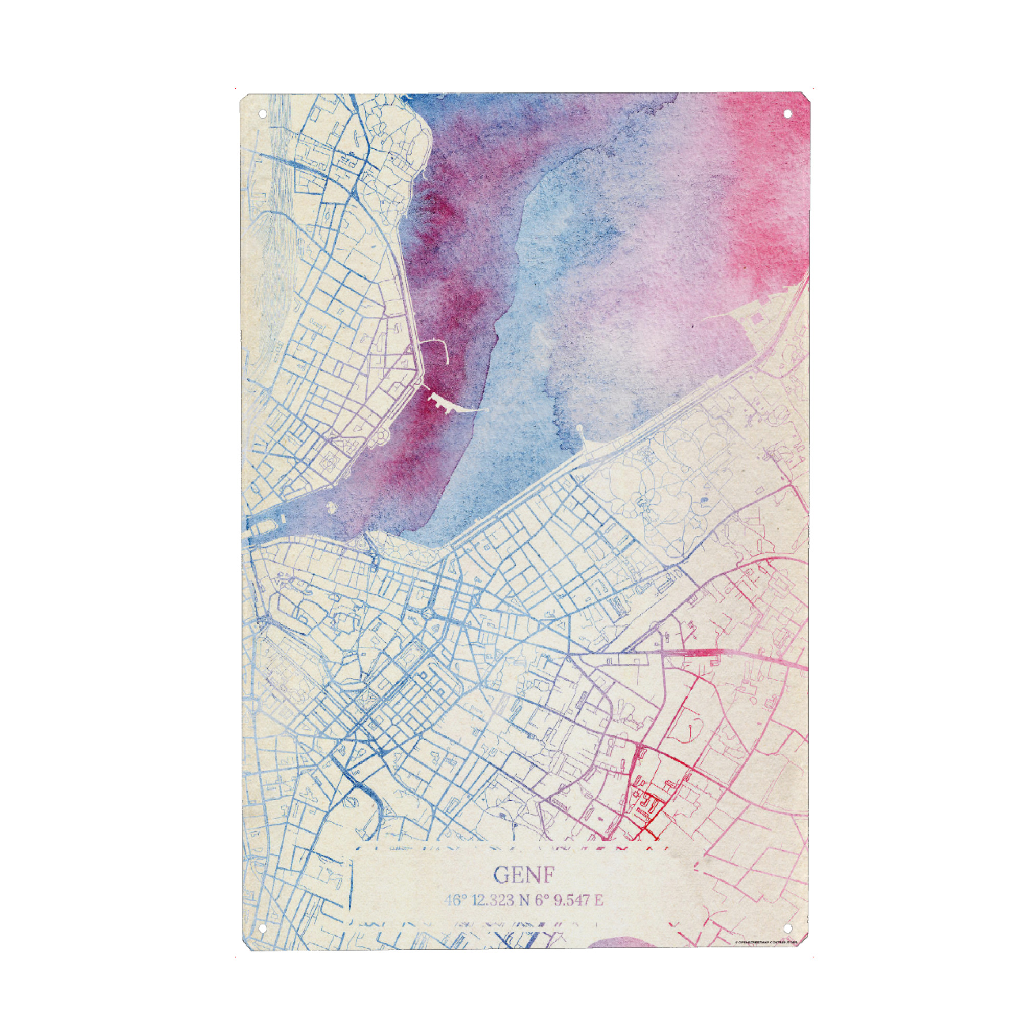 Metall Poster "Genf Schweiz Map Rose And Serenity II" artboxONE - Städte,Reise,Kartografie - Städte,Stadtkarte,Wasserfarbe,Rosequartz - Blechschild