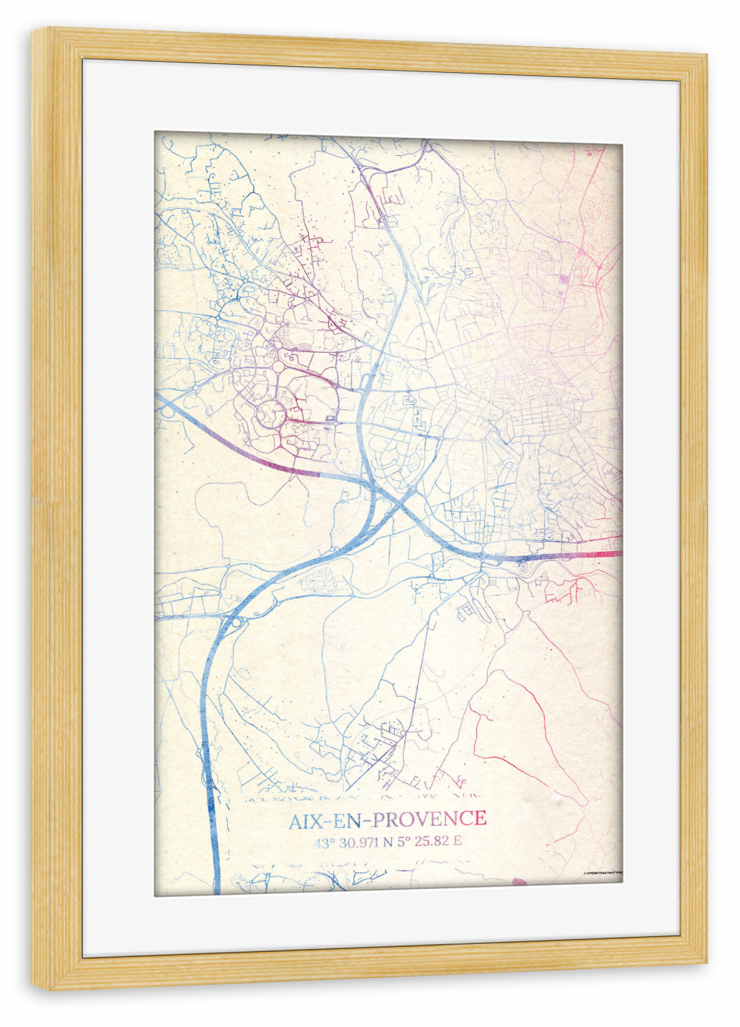 Poster mit Rahmen kiefer "Aix-en-Provence Frankreich Map Rose And Serenity I" artboxONE - Städte,Reise,Kartografie