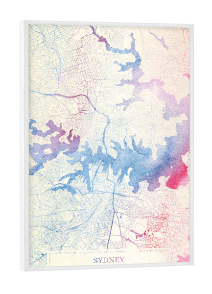 Poster mit weißem Rahmen "Sydney Australien Map Rose And Serenity II" artboxONE - Städte,Reise,Kartografie - Städte,Stadtkarte,Wasserfarbe,Rosequartz