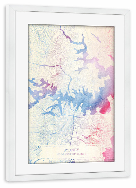 Poster mit Rahmen weiß "Sydney Australien Map Rose And Serenity II" artboxONE - Städte,Reise,Kartografie - Städte,Stadtkarte,Wasserfarbe,Rosequartz