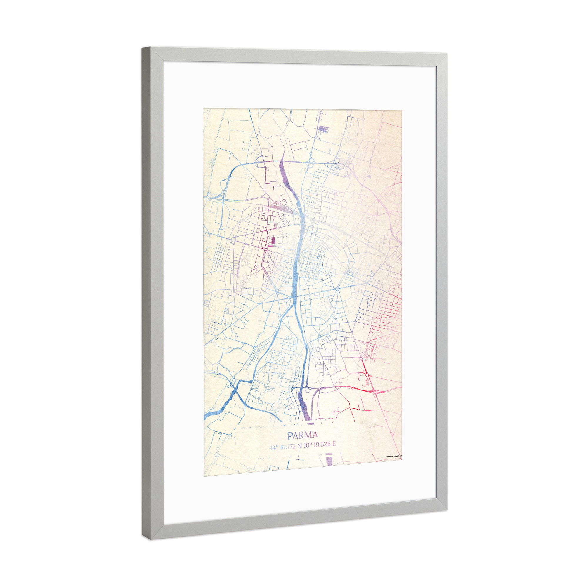 Poster mit Rahmen Silber "Parma Italien Map Rose And Serenity II" artboxONE - Städte,Reise,Kartografie - Städte,Stadtkarte,Wasserfarbe,Rosequartz