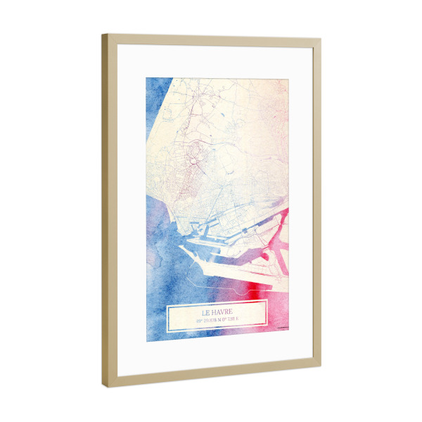 Poster mit Rahmen Gold "Le-Havre Frankreich Map Rose And Serenity I" artboxONE - Städte,Reise,Kartografie - Städte,Stadtkarte,Wasserfarbe,Rosequartz