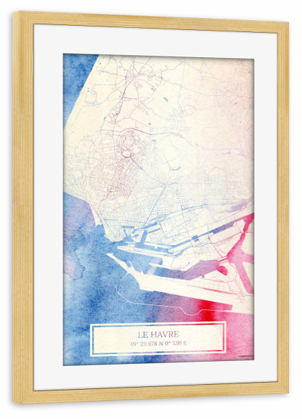 Poster mit Rahmen kiefer "Le-Havre Frankreich Map Rose And Serenity I" artboxONE - Städte,Reise,Kartografie - Städte,Stadtkarte,Wasserfarbe,Rosequartz